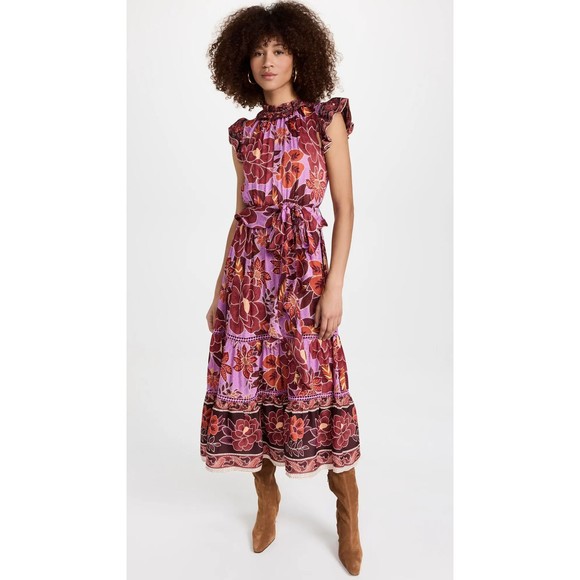 Farm Rio XL Sweet Floral Midi Dress Lilac Purple Belted Ruffles Tiered New $255 - Picture 1 of 7